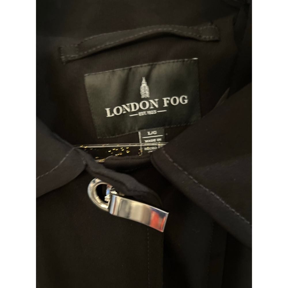 London Fog‎ black trench coat with silver toggle-style closures size Large - Picture 3 of 8